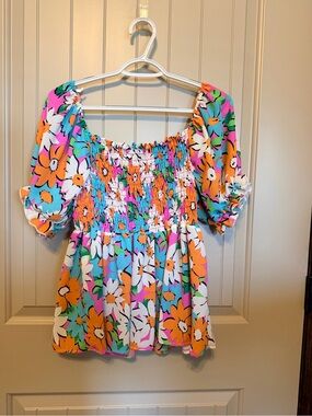 BiBi Floral Smocked Square-Neck Top in Orange, Turquoise & Pink